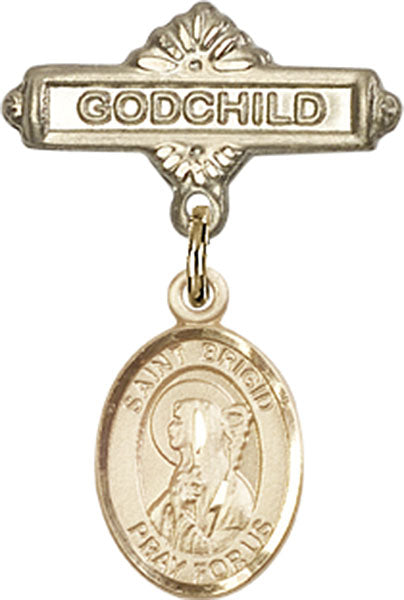 14kt Gold Baby Badge with St. Brigid of Ireland Charm and Godchild Badge Pin