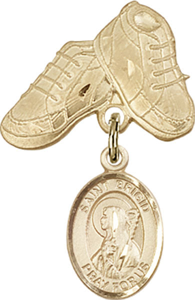 14kt Gold Baby Badge with St. Brigid of Ireland Charm and Baby Boots Pin