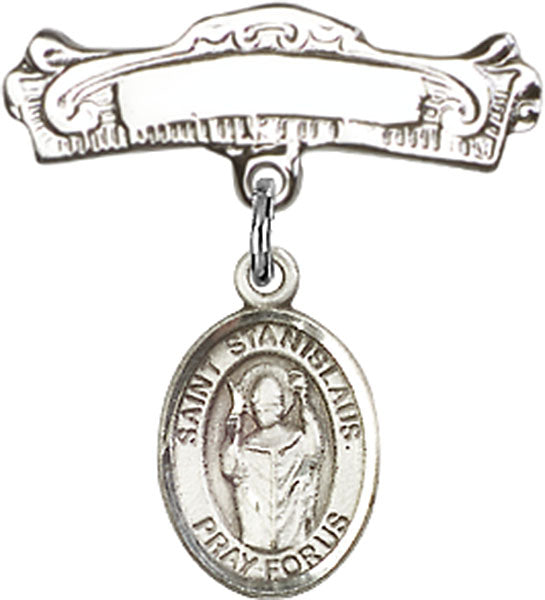 Sterling Silver Baby Badge with St. Stanislaus Charm and Arched Polished Badge Pin