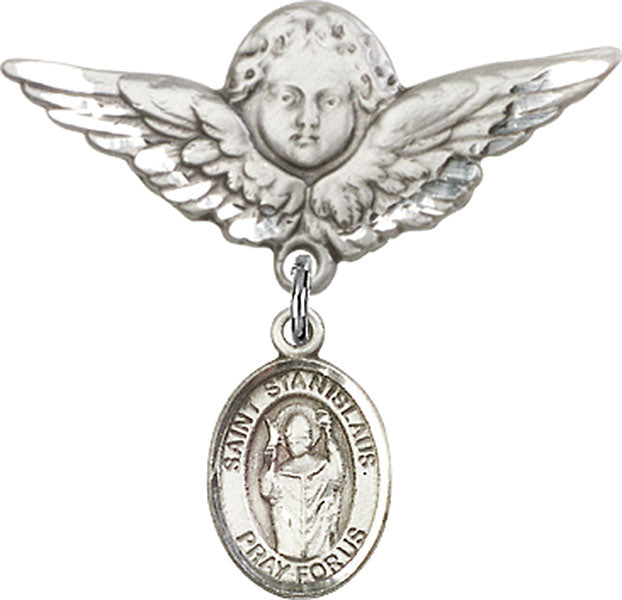 Sterling Silver Baby Badge with St. Stanislaus Charm and Angel w/Wings Badge Pin