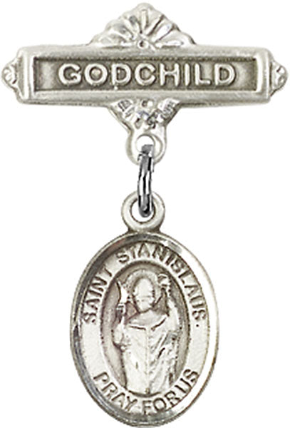 Sterling Silver Baby Badge with St. Stanislaus Charm and Godchild Badge Pin