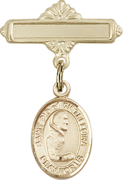 14kt Gold Filled Baby Badge with St. Pio of Pietrelcina Charm and Polished Badge Pin