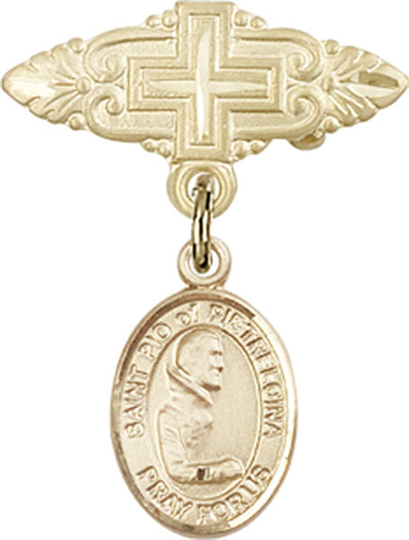 14kt Gold Filled Baby Badge with St. Pio of Pietrelcina Charm and Badge Pin with Cross