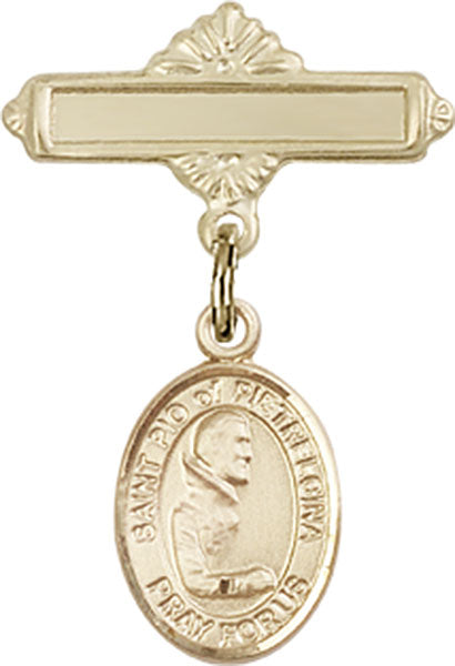 14kt Gold Baby Badge with St. Pio of Pietrelcina Charm and Polished Badge Pin