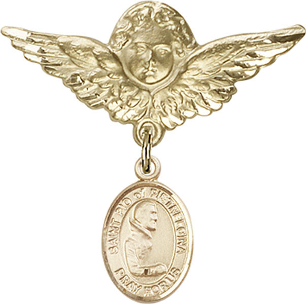 14kt Gold Baby Badge with St. Pio of Pietrelcina Charm and Angel w/Wings Badge Pin