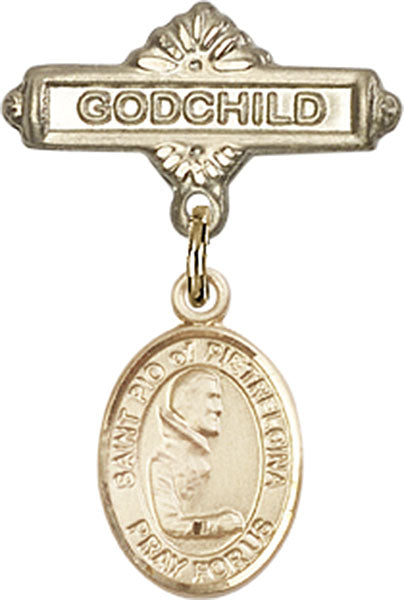 14kt Gold Baby Badge with St. Pio of Pietrelcina Charm and Godchild Badge Pin