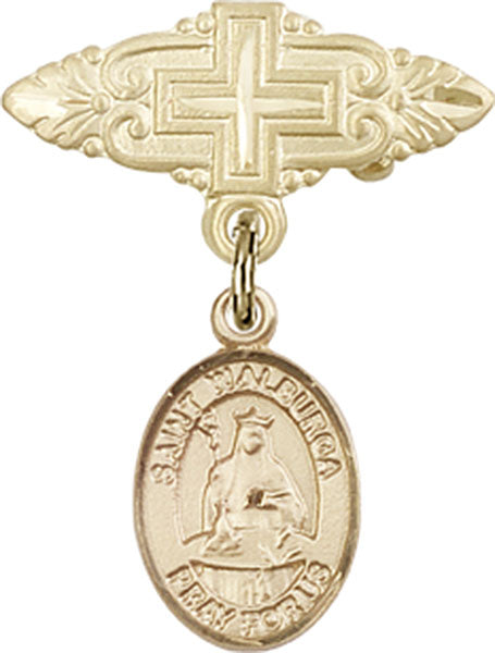 14kt Gold Filled Baby Badge with St. Walburga Charm and Badge Pin with Cross