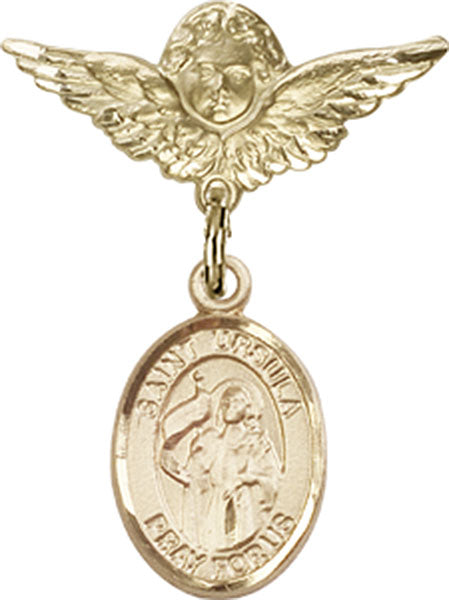 14kt Gold Filled Baby Badge with St. Ursula Charm and Angel w/Wings Badge Pin