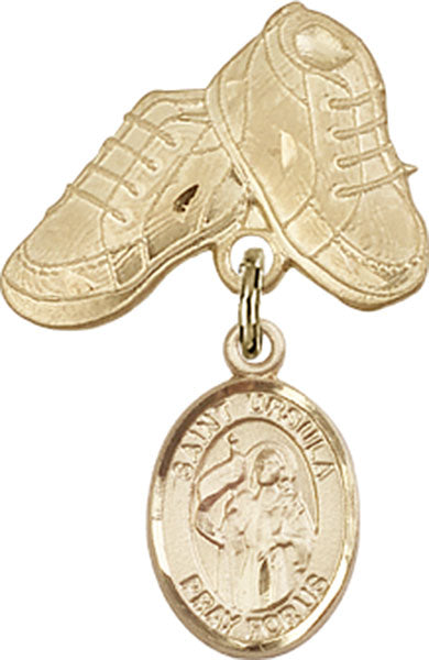14kt Gold Filled Baby Badge with St. Ursula Charm and Baby Boots Pin