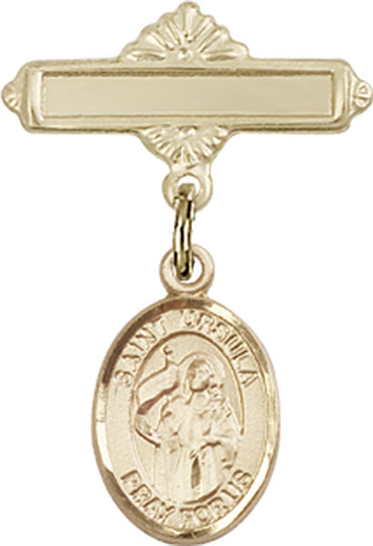 14kt Gold Baby Badge with St. Ursula Charm and Polished Badge Pin