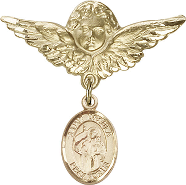 14kt Gold Baby Badge with St. Ursula Charm and Angel w/Wings Badge Pin