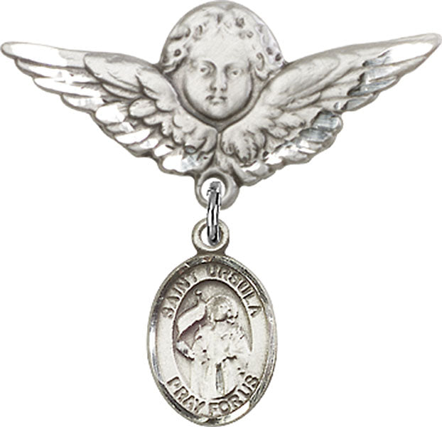 Sterling Silver Baby Badge with St. Ursula Charm and Angel w/Wings Badge Pin