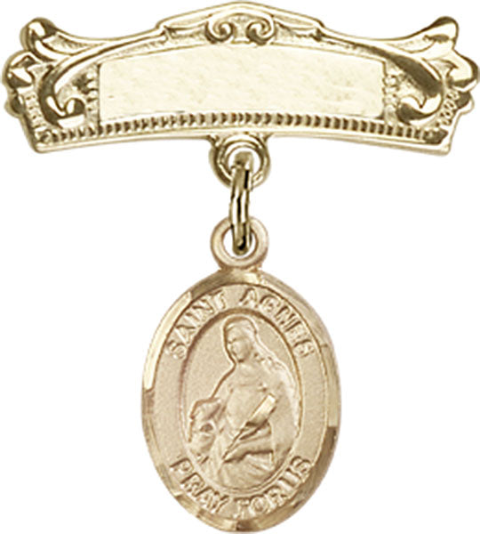14kt Gold Filled Baby Badge with St. Agnes of Rome Charm and Arched Polished Badge Pin
