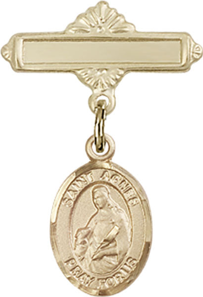 14kt Gold Baby Badge with St. Agnes of Rome Charm and Polished Badge Pin