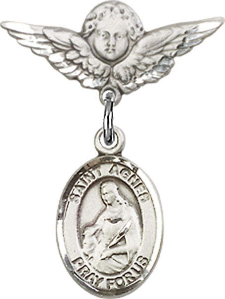 Sterling Silver Baby Badge with St. Agnes of Rome Charm and Angel w/Wings Badge Pin
