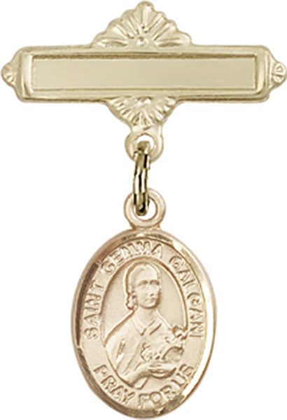 14kt Gold Baby Badge with St. Gemma Galgani Charm and Polished Badge Pin