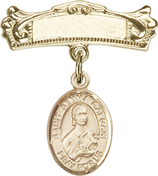 14kt Gold Baby Badge with St. Gemma Galgani Charm and Arched Polished Badge Pin