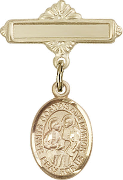 14kt Gold Filled Baby Badge with Sts. Cosmas & Damian Charm and Polished Badge Pin