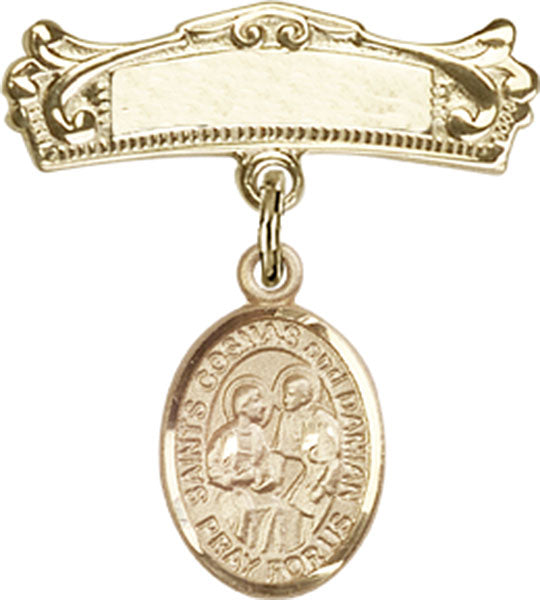 14kt Gold Filled Baby Badge with Sts. Cosmas & Damian Charm and Arched Polished Badge Pin