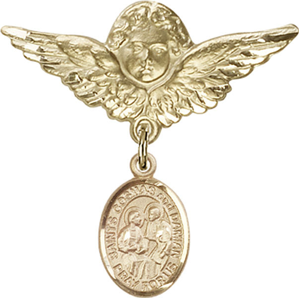 14kt Gold Filled Baby Badge with Sts. Cosmas & Damian Charm and Angel w/Wings Badge Pin