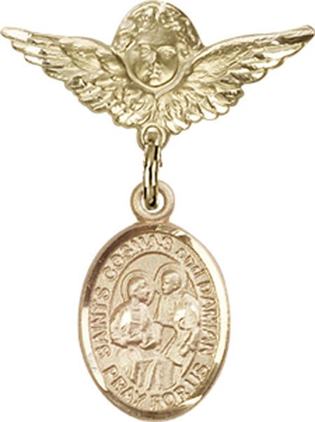 14kt Gold Filled Baby Badge with Sts. Cosmas & Damian Charm and Angel w/Wings Badge Pin