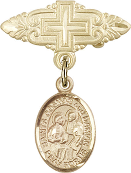 14kt Gold Baby Badge with Sts. Cosmas & Damian Charm and Badge Pin with Cross
