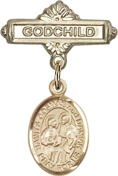 14kt Gold Baby Badge with Sts. Cosmas & Damian Charm and Godchild Badge Pin