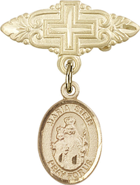 14kt Gold Baby Badge with Maria Stein Charm and Badge Pin with Cross