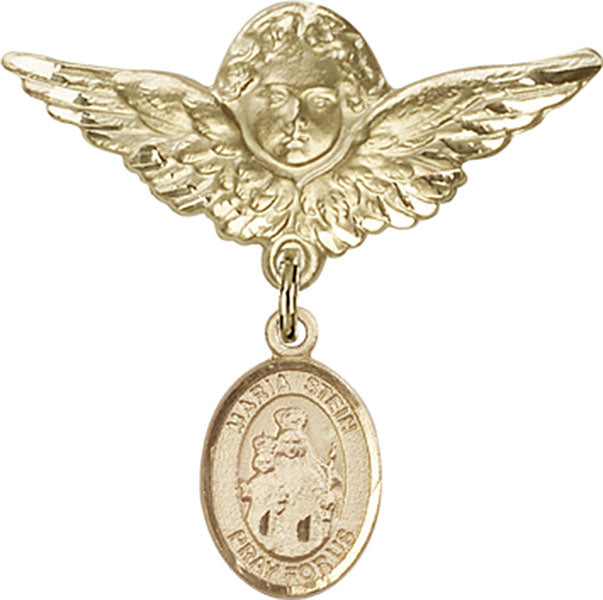 14kt Gold Baby Badge with Maria Stein Charm and Angel w/Wings Badge Pin