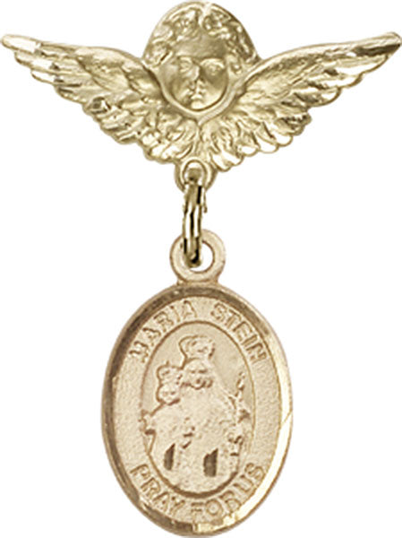 14kt Gold Baby Badge with Maria Stein Charm and Angel w/Wings Badge Pin