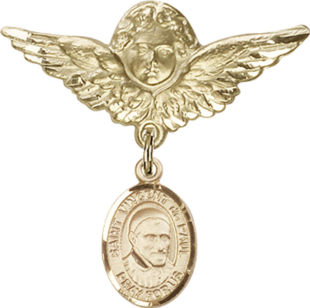 14kt Gold Filled Baby Badge with St. Vincent de Paul Charm and Angel w/Wings Badge Pin