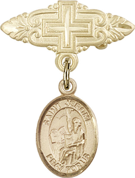 14kt Gold Filled Baby Badge with St. Jerome Charm and Badge Pin with Cross