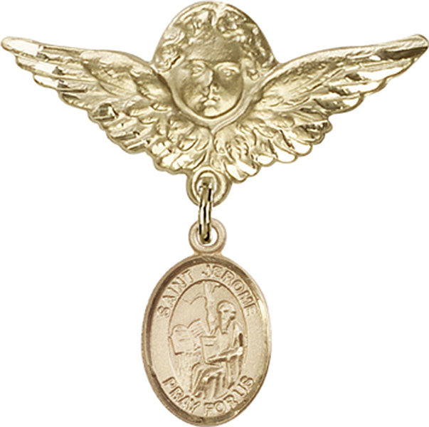 14kt Gold Filled Baby Badge with St. Jerome Charm and Angel w/Wings Badge Pin