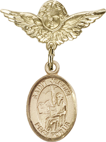 14kt Gold Baby Badge with St. Jerome Charm and Angel w/Wings Badge Pin
