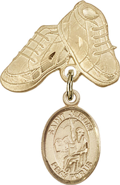 14kt Gold Baby Badge with St. Jerome Charm and Baby Boots Pin