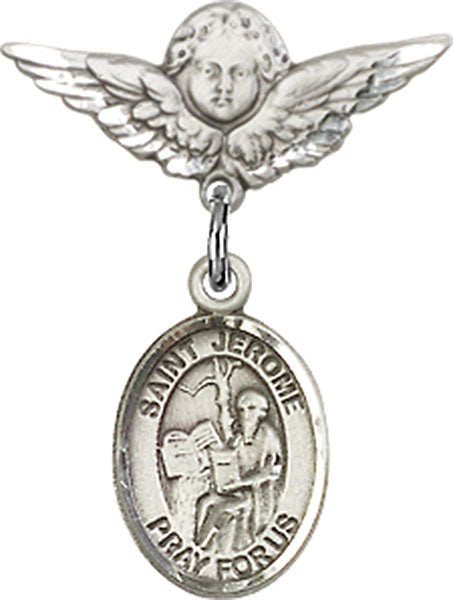 Sterling Silver Baby Badge with St. Jerome Charm and Angel w/Wings Badge Pin