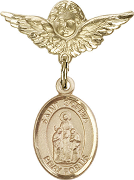 14kt Gold Filled Baby Badge with St. Sophia Charm and Angel w/Wings Badge Pin