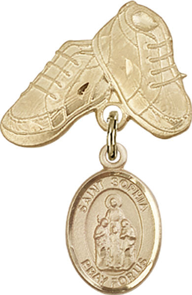 14kt Gold Baby Badge with St. Sophia Charm and Baby Boots Pin