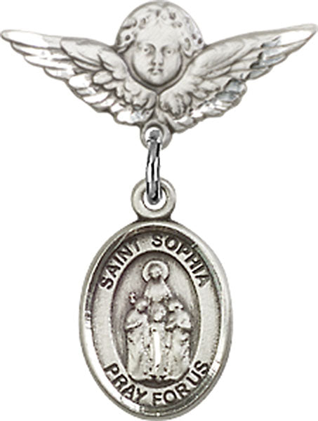 Sterling Silver Baby Badge with St. Sophia Charm and Angel w/Wings Badge Pin