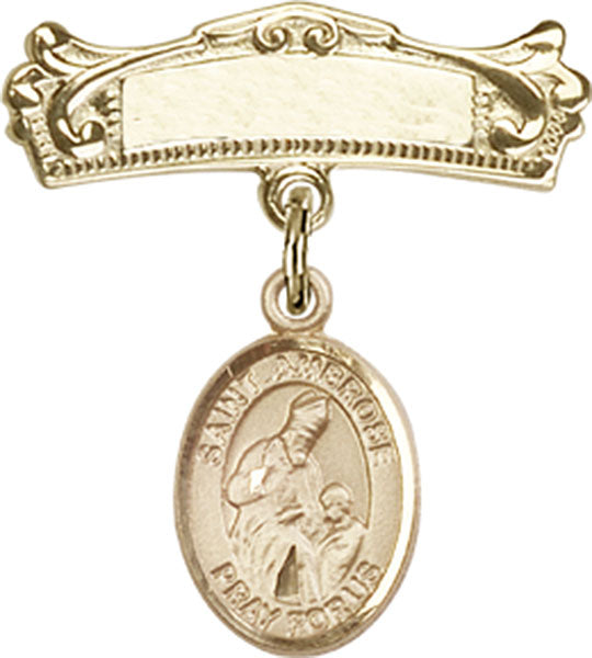 14kt Gold Filled Baby Badge with St. Ambrose Charm and Arched Polished Badge Pin