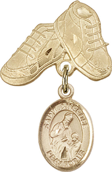 14kt Gold Filled Baby Badge with St. Ambrose Charm and Baby Boots Pin