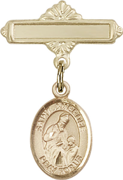 14kt Gold Baby Badge with St. Ambrose Charm and Polished Badge Pin