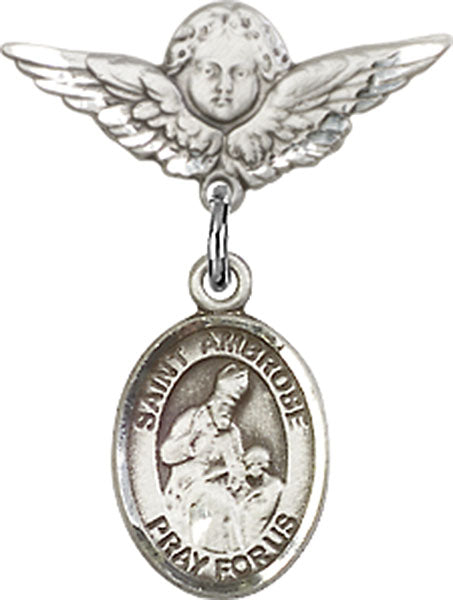 Sterling Silver Baby Badge with St. Ambrose Charm and Angel w/Wings Badge Pin