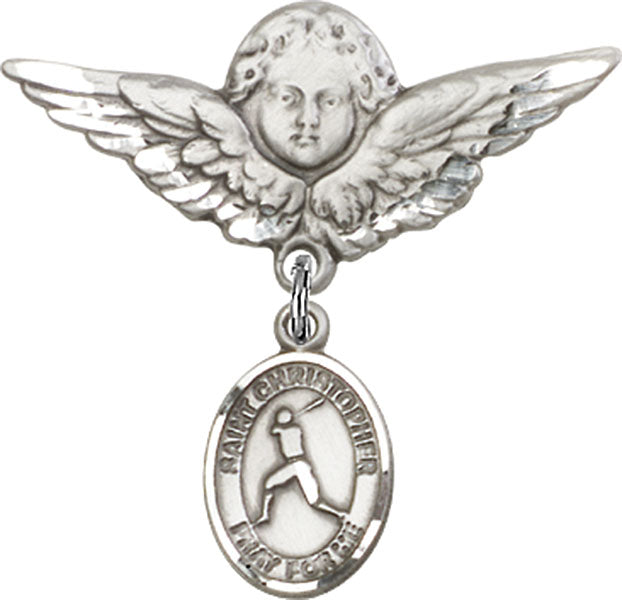 Sterling Silver Baby Badge with St. Christopher/Baseball Charm and Angel w/Wings Badge Pin