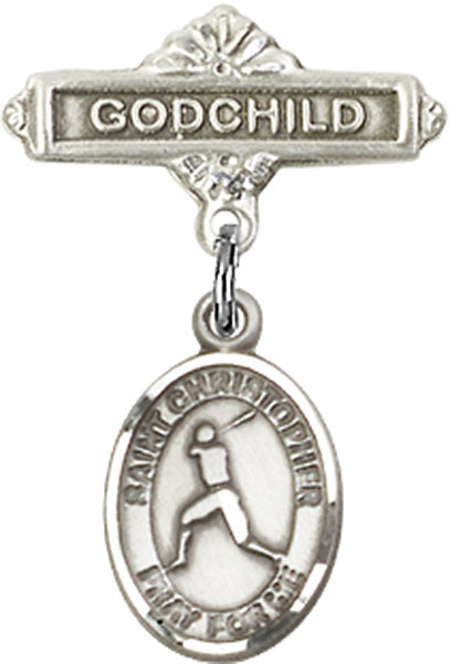 Sterling Silver Baby Badge with St. Christopher/Baseball Charm and Godchild Badge Pin
