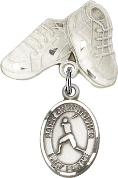 Sterling Silver Baby Badge with St. Christopher/Baseball Charm and Baby Boots Pin