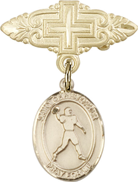 14kt Gold Filled Baby Badge with St. Christopher/Football Charm and Badge Pin with Cross