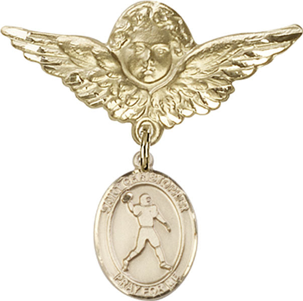 14kt Gold Filled Baby Badge with St. Christopher/Football Charm and Angel w/Wings Badge Pin