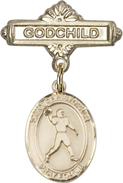 14kt Gold Filled Baby Badge with St. Christopher/Football Charm and Godchild Badge Pin