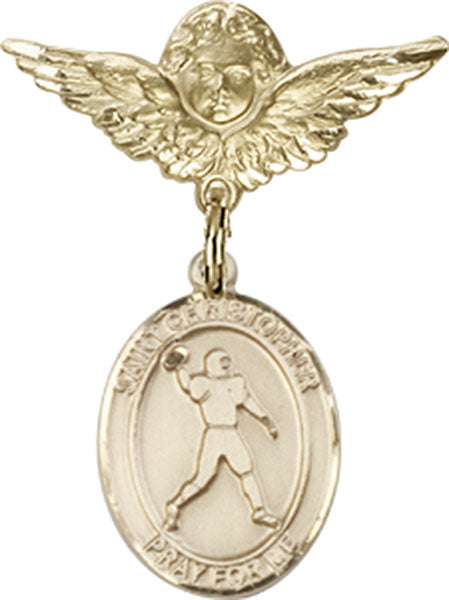 14kt Gold Baby Badge with St. Christopher/Football Charm and Angel w/Wings Badge Pin